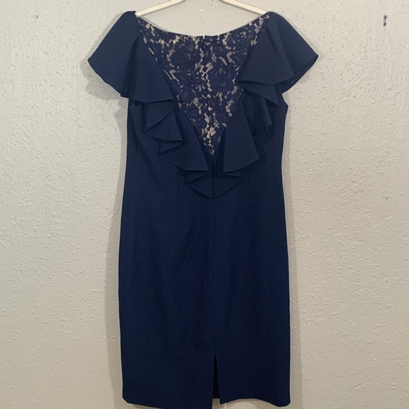 Eliza J Navy Blue Ruffle Neckline Lace Back Dress        size 12 - Picture 7 of 15